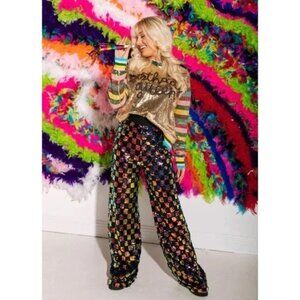MSRP 288 QUEEN OF SPARKLES BLACK SEQUIN CHECKERED PANTS WOMENS SMALL RAINBOW